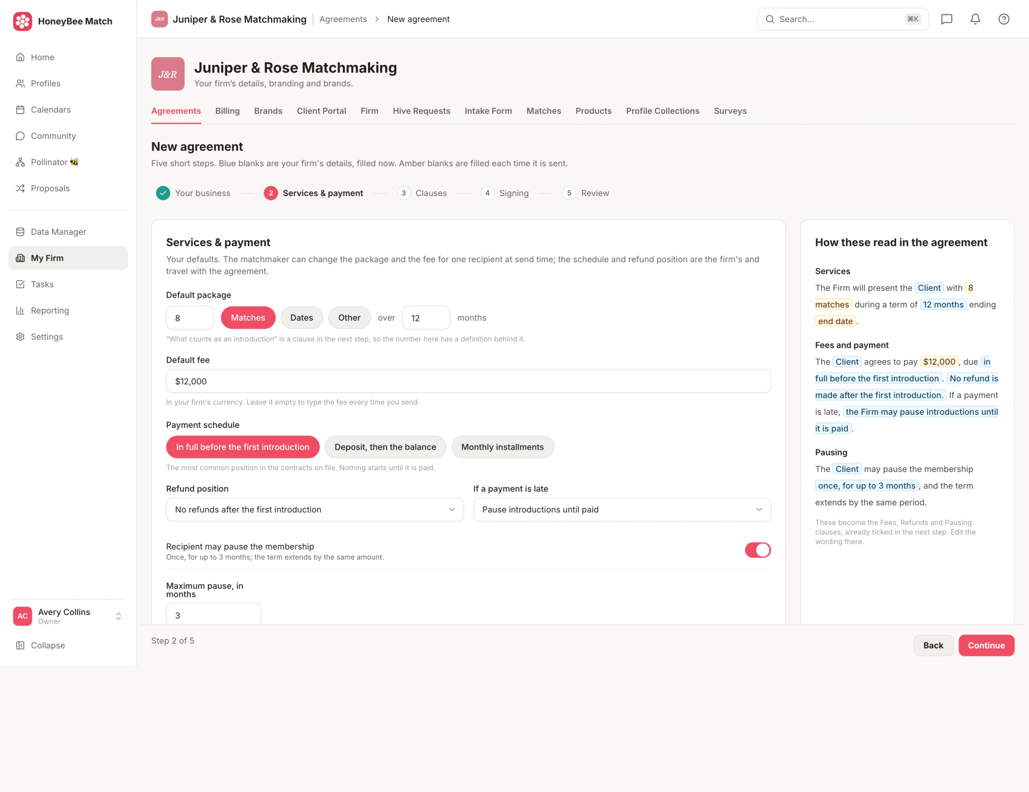 The Services & payment step in HoneyBee Match, with a preview of how each choice reads in the agreement