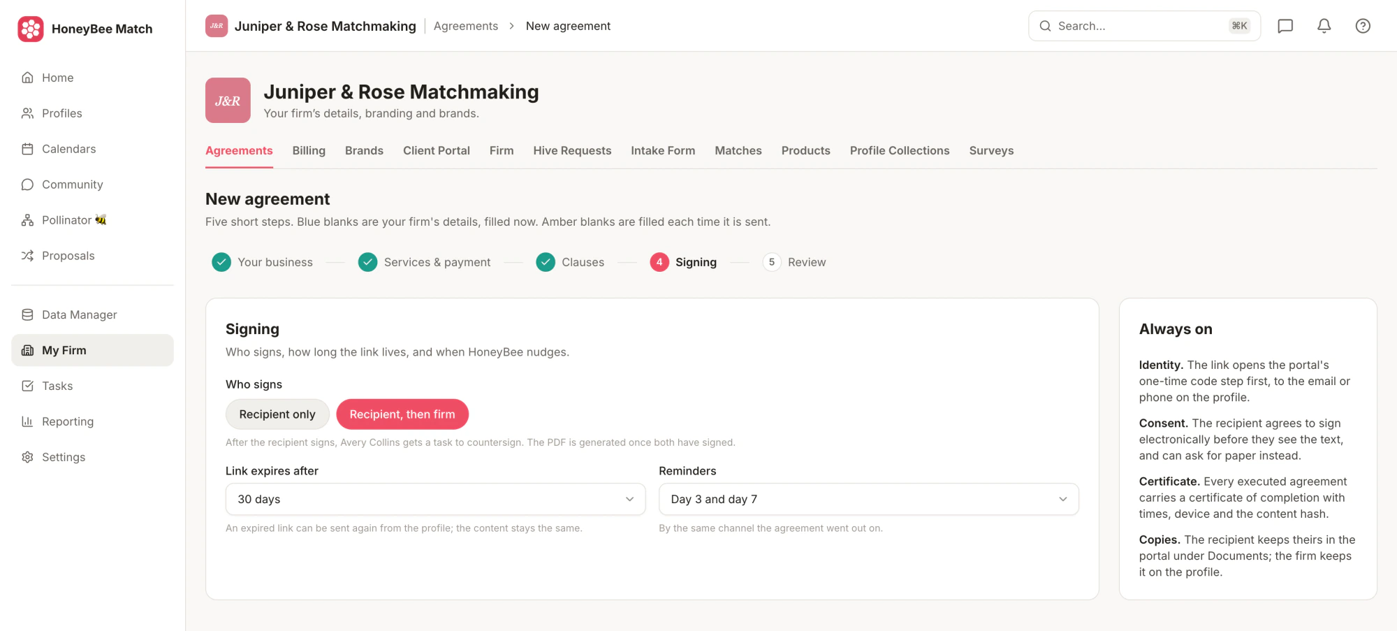 The Signing step in HoneyBee Match: who signs, when the link expires, and reminders