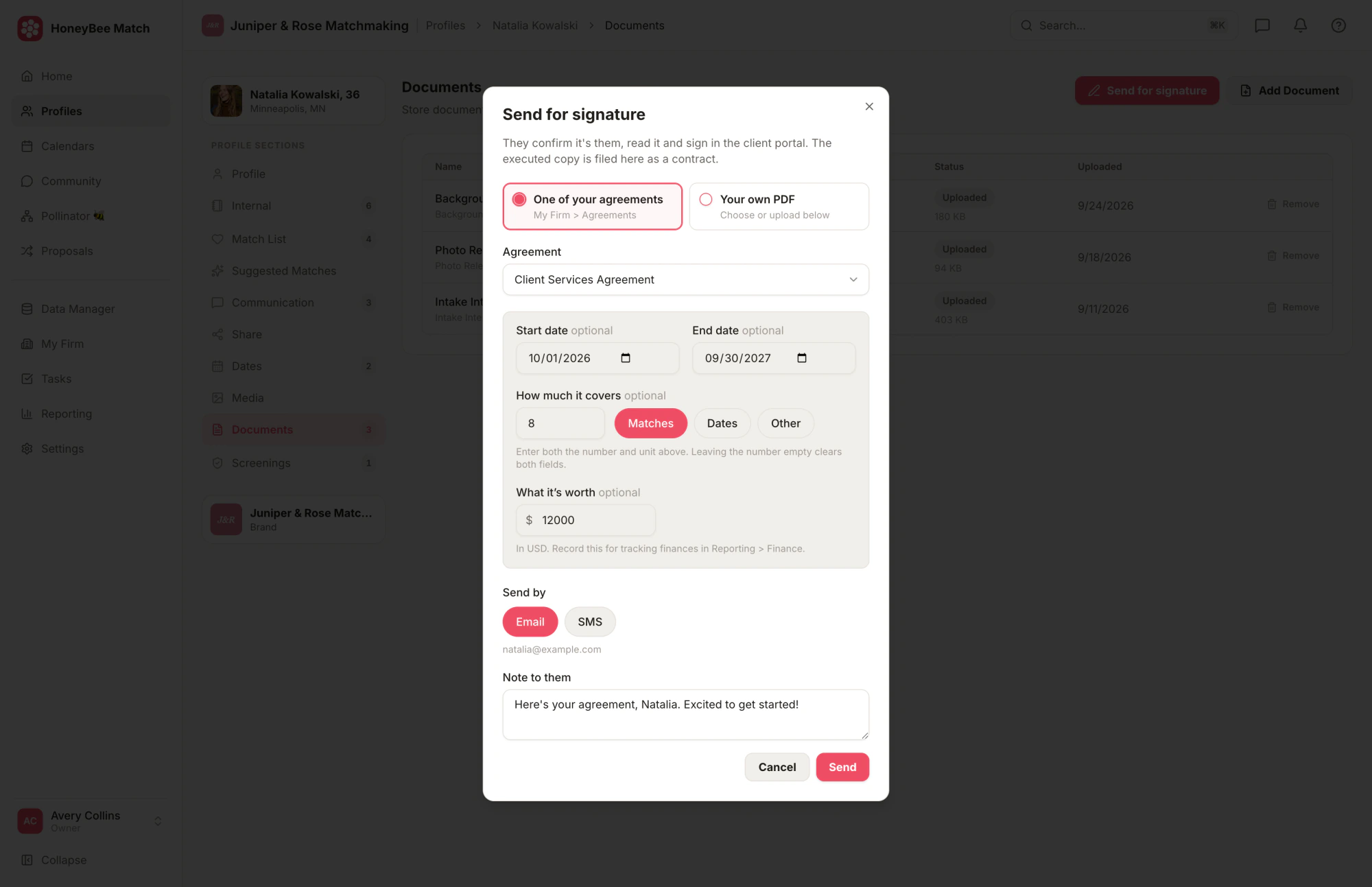 Send for signature from a profile's Documents section in HoneyBee Match