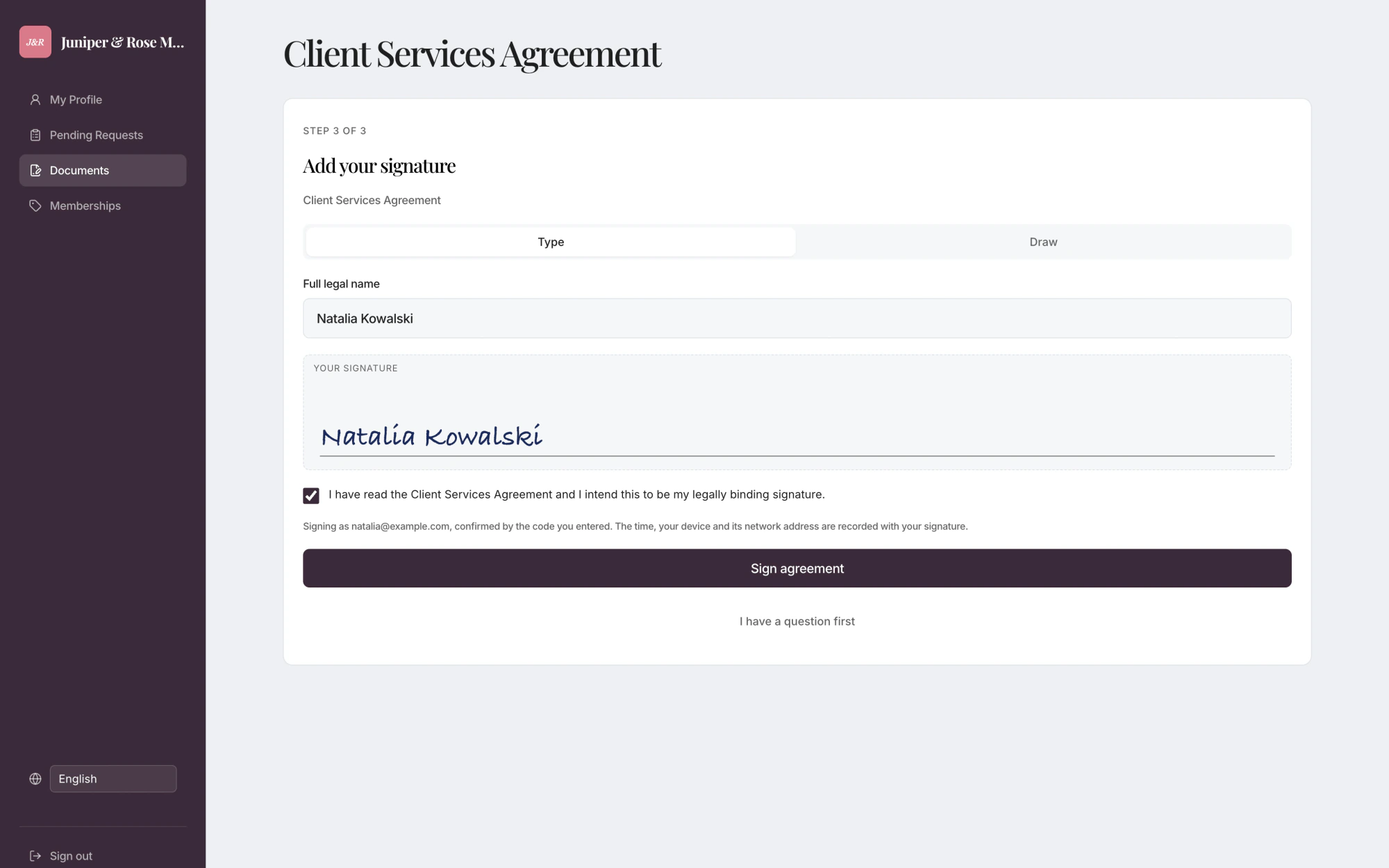 Signing in the client portal: type a name or draw a signature