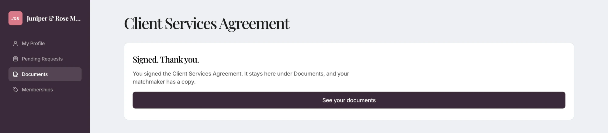 The confirmation a client sees after signing in the HoneyBee client portal
